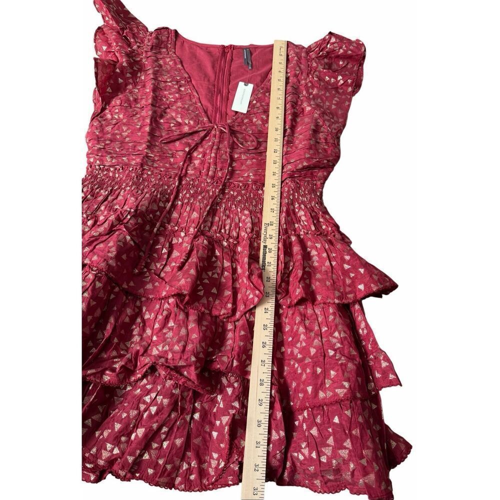 Anthropologie Mini Dress Short Sleeve Ruffled V neck Garnet Red size Large‎ - Picture 8 of 10